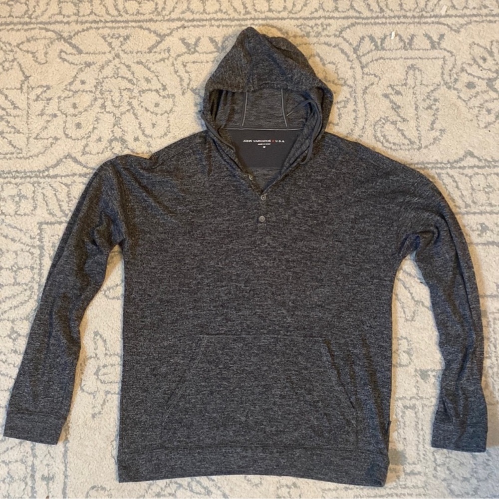 John Varvatos Lightweight Pullover Hoodie with Buttons, Neck Drawstring & Pocket